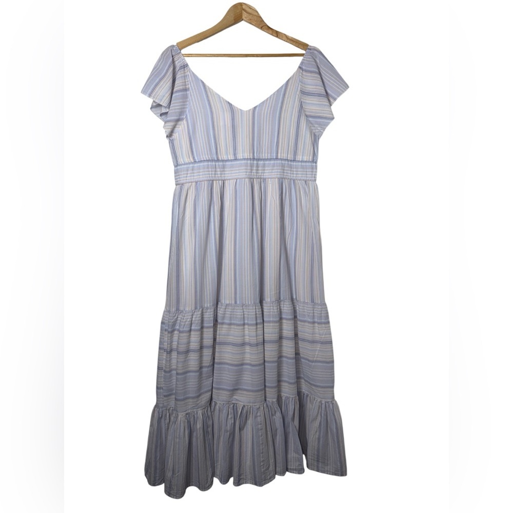 Anthro Sundays 100% Cotton Blue Striped Flutter Sleeve Tiered Ruffle Maxi Dress - Picture 3 of 6